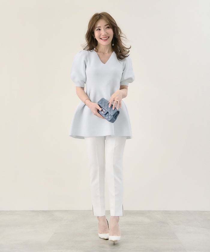 手洗い可/日本製/Vネック/ふんわり/チュニック/袖山ギャザー/パフ袖/大人可愛い/上品/きれいめ/シンプル/リラックス/体型カバー/美ライン/フレア