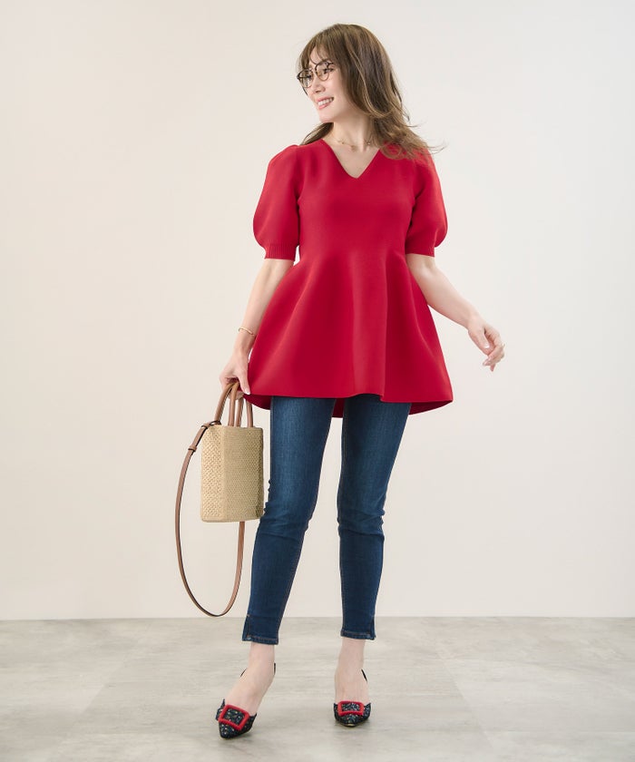 手洗い可/日本製/Vネック/ふんわり/チュニック/袖山ギャザー/パフ袖/大人可愛い/上品/きれいめ/シンプル/リラックス/体型カバー/美ライン/フレア