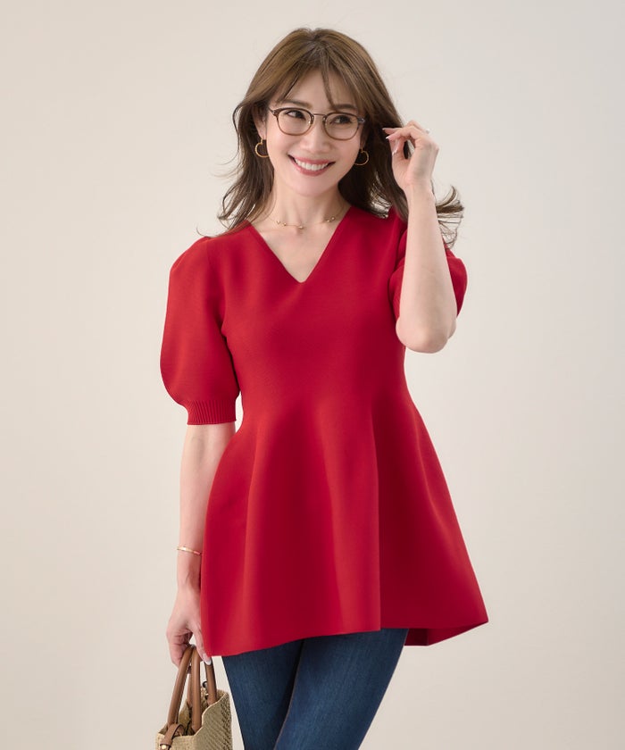 手洗い可/日本製/Vネック/ふんわり/チュニック/袖山ギャザー/パフ袖/大人可愛い/上品/きれいめ/シンプル/リラックス/体型カバー/美ライン/フレア