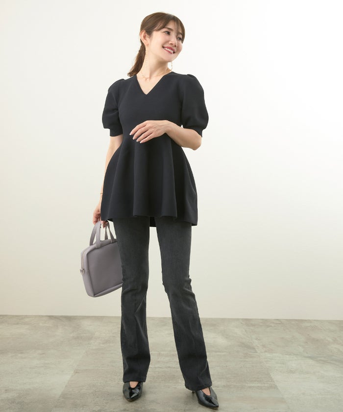 手洗い可/日本製/Vネック/ふんわり/チュニック/袖山ギャザー/パフ袖/大人可愛い/上品/きれいめ/シンプル/リラックス/体型カバー/美ライン/フレア