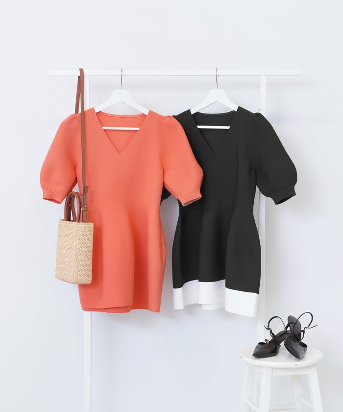 手洗い可/日本製/Vネック/ふんわり/チュニック/袖山ギャザー/パフ袖/大人可愛い/上品/きれいめ/シンプル/リラックス/体型カバー/美ライン/フレア