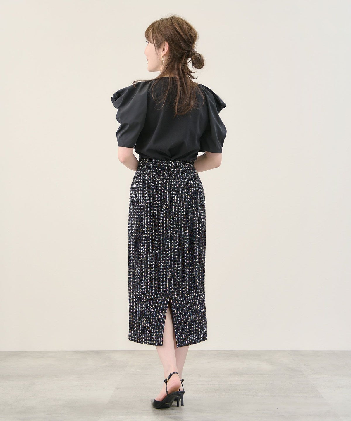 Iライン/ミディ丈/タイトスカート/カラフル/MIXツイード/ハイウエスト/上品/エレガント/きれいめ