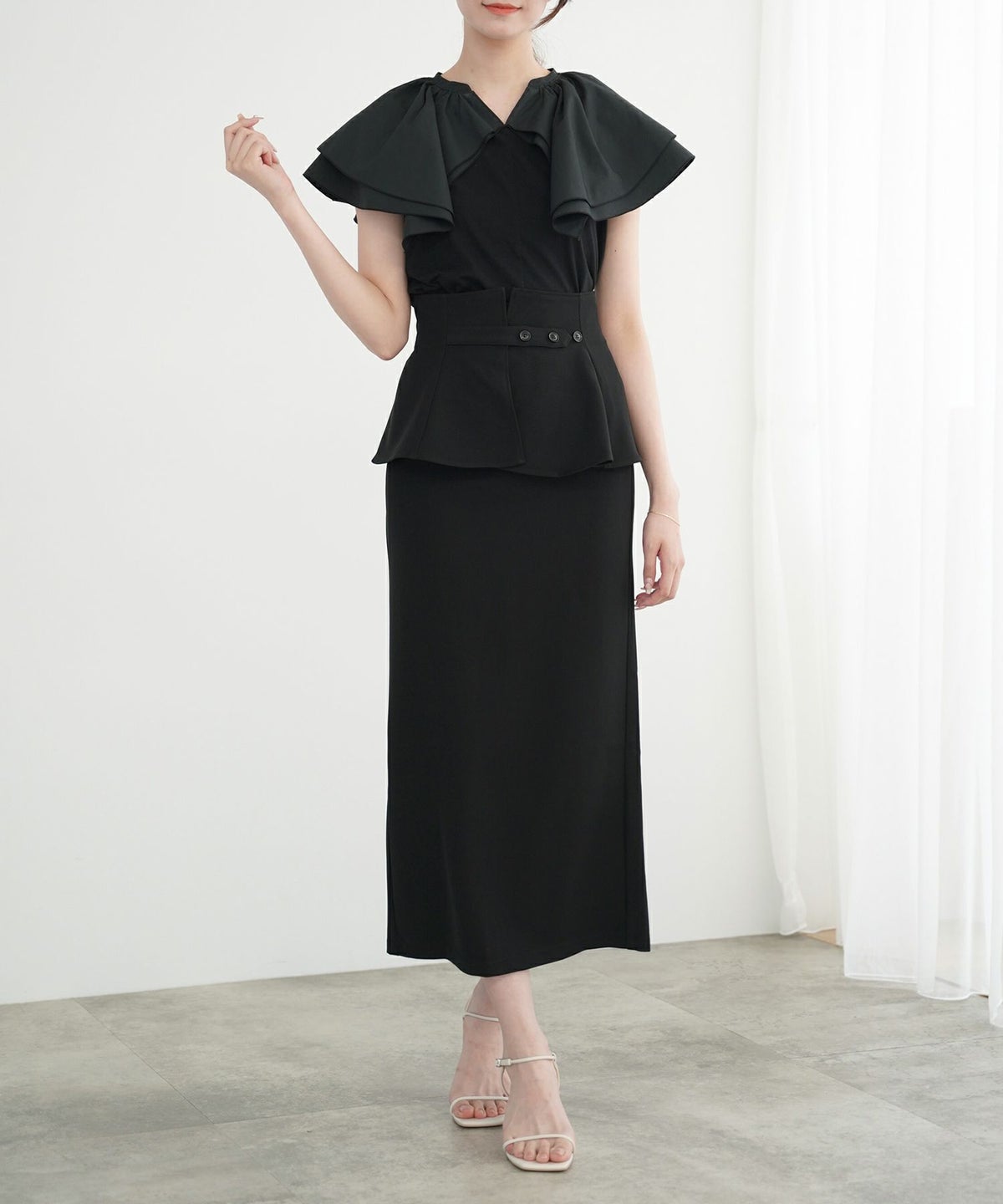 カットソー/ダブル/ケープ/カラー/ホワイト/ブラック/フリー