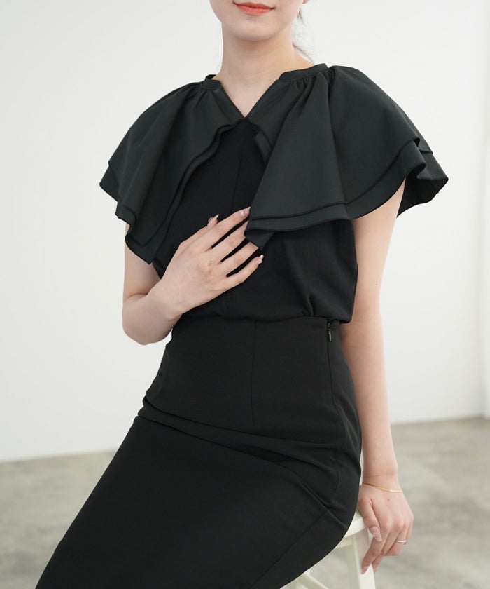 カットソー/ダブル/ケープ/カラー/ホワイト/ブラック/フリー