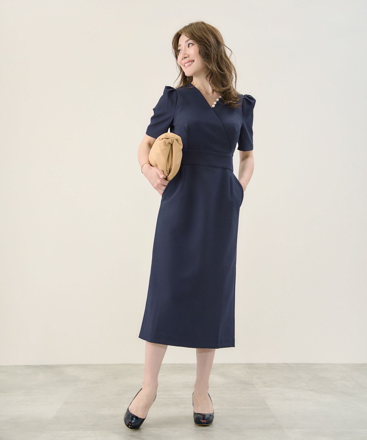 半袖 パール付き カシュクール ワンピース Liala×PG