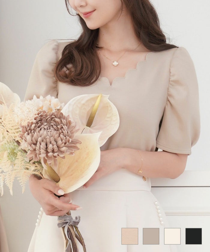 レディース トップス Tシャツ カットソー スカラップ 半袖 タック Vネック 夏 春 秋 大人 エレガント フェミニン 可愛い アイボリー ピンクベージュ ネイビー 薄手 きれいめ ピンク 薄め スカラップ デザイン Tシャツ le reve vaniller