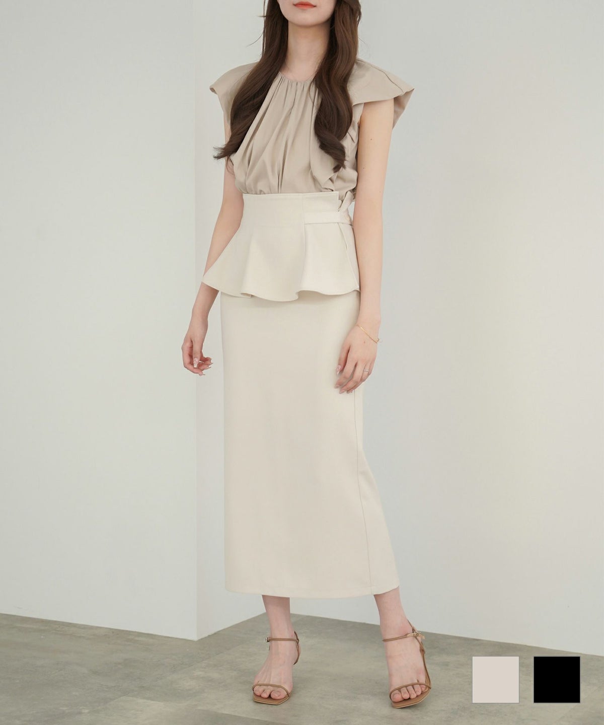 ペプラム ベルト付 ペンシル スカート lieulien ライトベージュ/ブラック