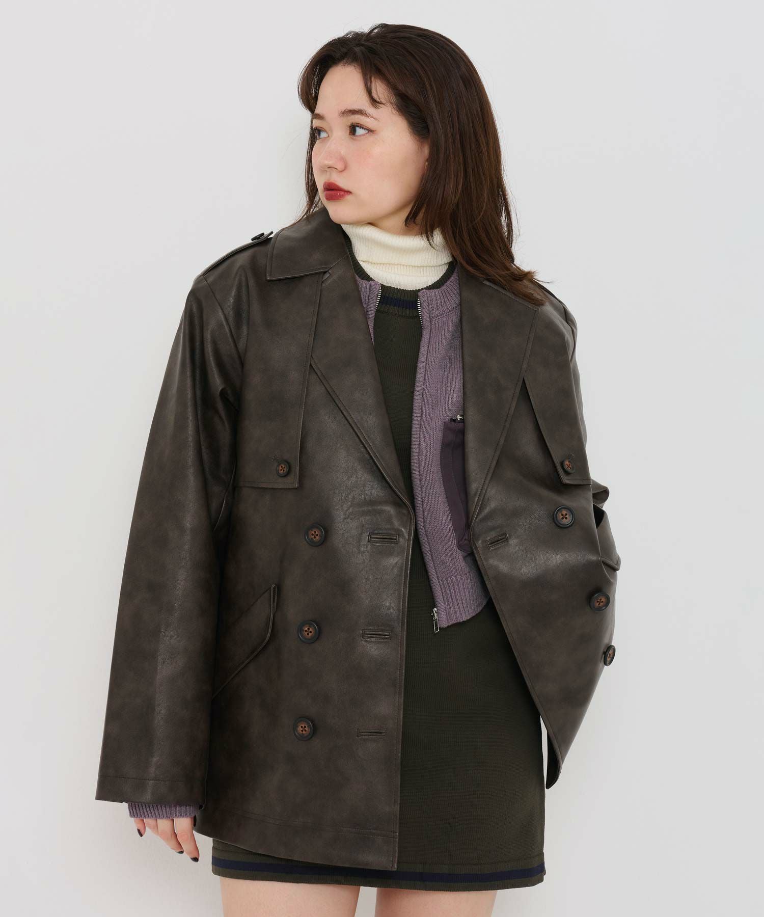 FINAL-SALE フェイクレザー ダブルブレストジャケット TINA：JOJUN 全2