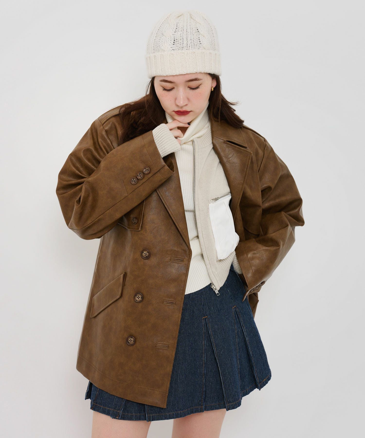 Special-Price-SALE フェイクレザー ダブルブレストジャケット TINA