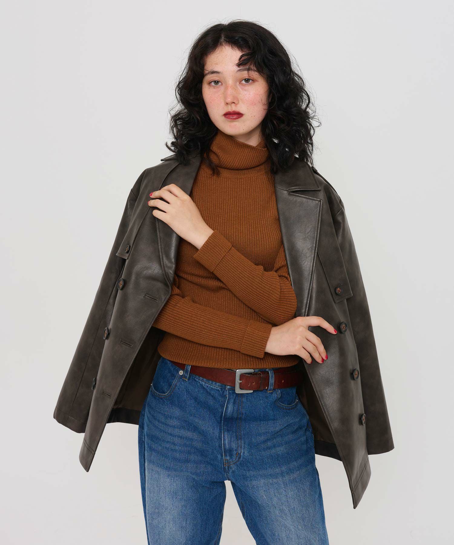 FINAL-SALE フェイクレザー ダブルブレストジャケット TINA：JOJUN 全2