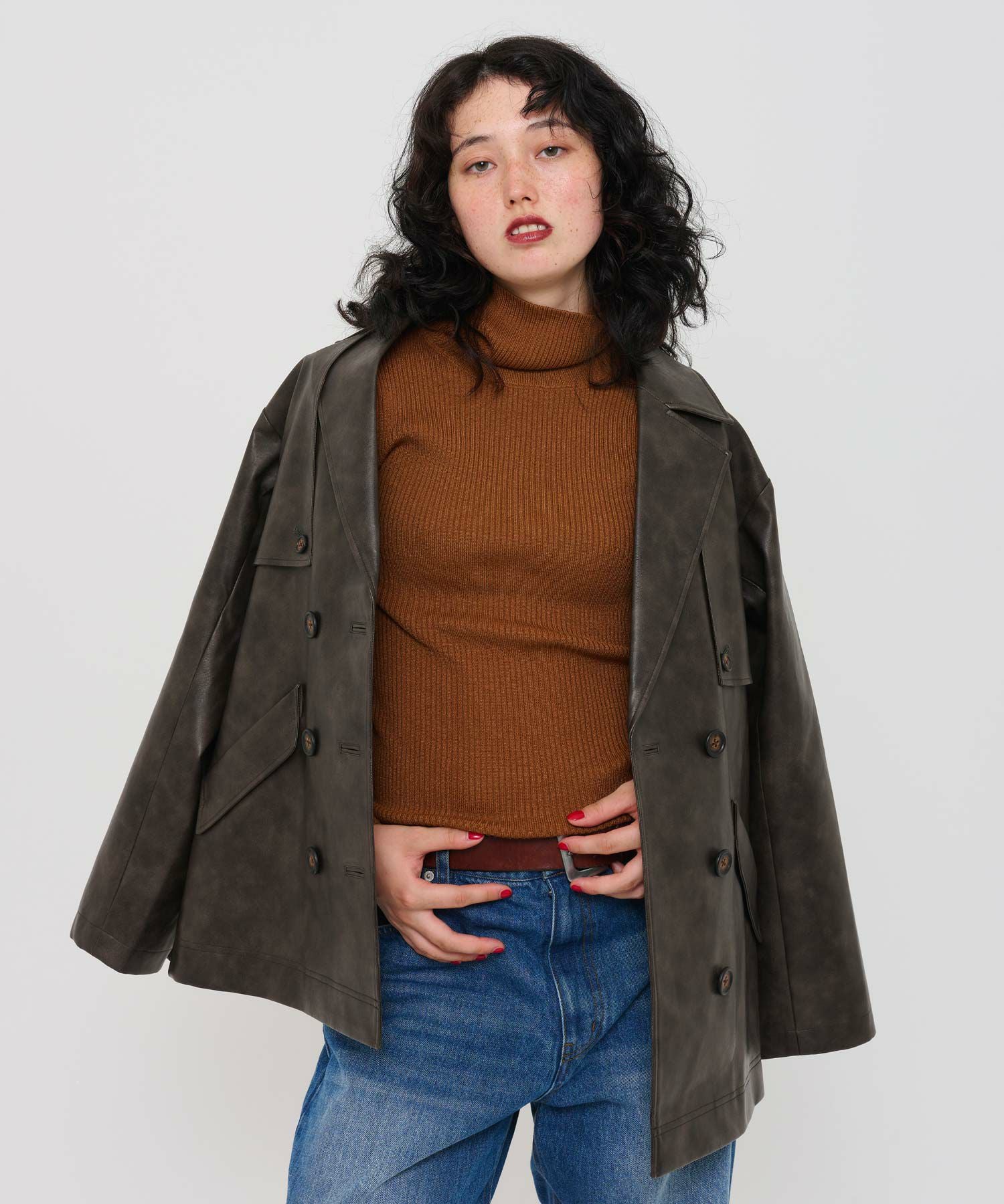 Special-Price-SALE フェイクレザー ダブルブレストジャケット TINA