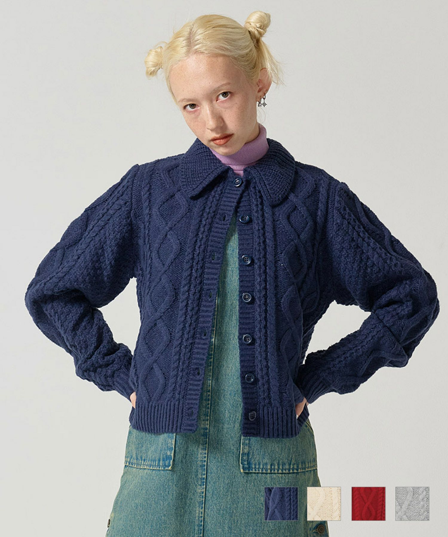 襟付き ケーブルニットカーディガン TINA：JOJUN 全4色｜tnj431-0668【6】