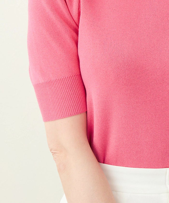 手洗い可/日本製/半袖/シンプル/サマーニット/パフスリーブ/着回し/袖山ギャザー/袖口リブ/ラウンドネック/綿混