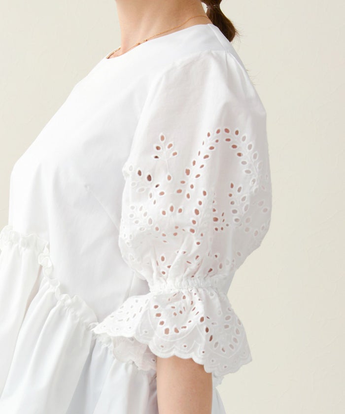 手洗い可/6分袖/イレヘム/ペプラム/カットワークレース/コットンレース/スカラップレース/袖口ゴム/異素材/レース/フェミニン/大人可愛い