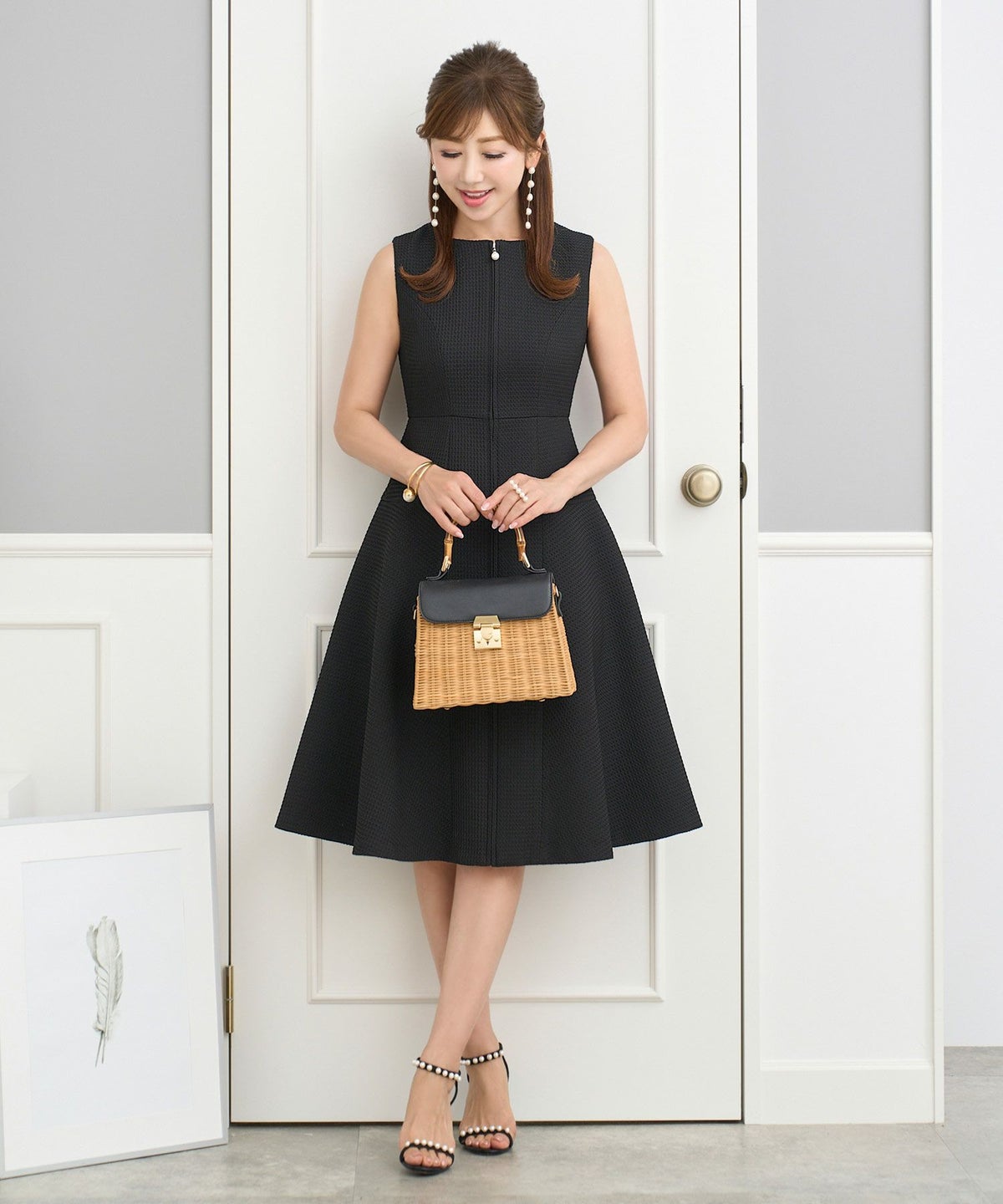 ワンピース/フロントファスナー/ノースリーブ/柄/無地/フレア/ハイウエスト切り替え/ホワイト/白/サックス/ブラック/黒/S/M/春/夏/秋/可愛い/かわいい/華やか/大人/上品/