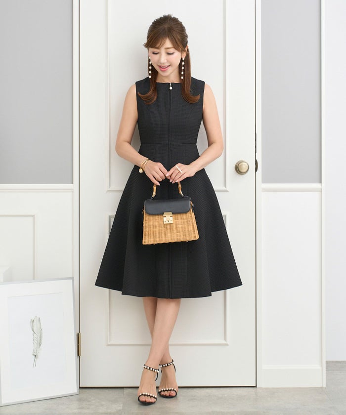 ワンピース/フロントファスナー/ノースリーブ/柄/無地/フレア/ハイウエスト切り替え/ホワイト/白/サックス/ブラック/黒/S/M/春/夏/秋/可愛い/かわいい/華やか/大人/上品/