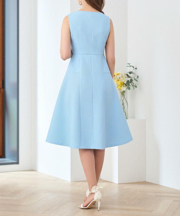 ワンピース/フロントファスナー/ノースリーブ/柄/無地/フレア/ハイウエスト切り替え/ホワイト/白/サックス/ブラック/黒/S/M/春/夏/秋/可愛い/かわいい/華やか/大人/上品/