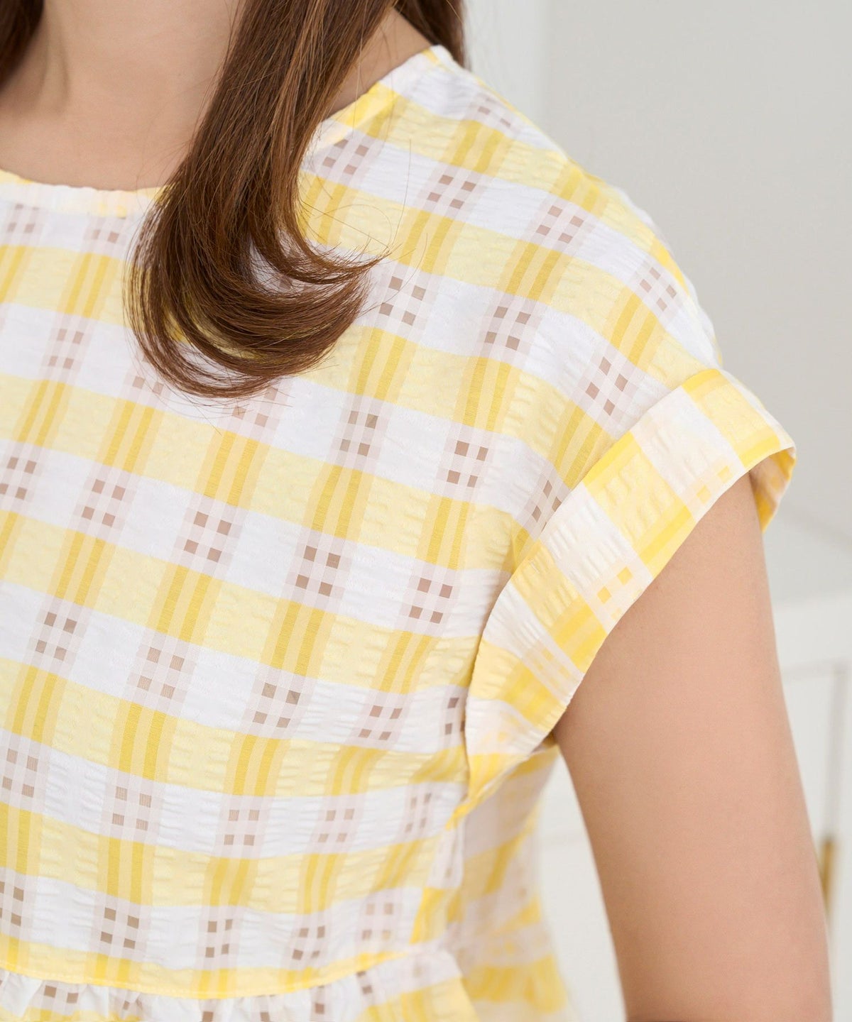 トップス/ブラウス/半袖/シアーチェック/柄/フレア/ティアード/チュニック/ハイウエスト/サックス/イエロー/ブラック/黒/S/M/春/夏/秋/可愛い/かわいい/華やか/大人/上品/