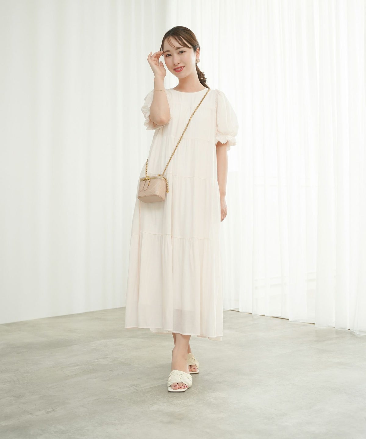 ワンピース/キャンディー/スリーブ/ティアード/ホワイト/ピンクベージュ/ブラック/M/