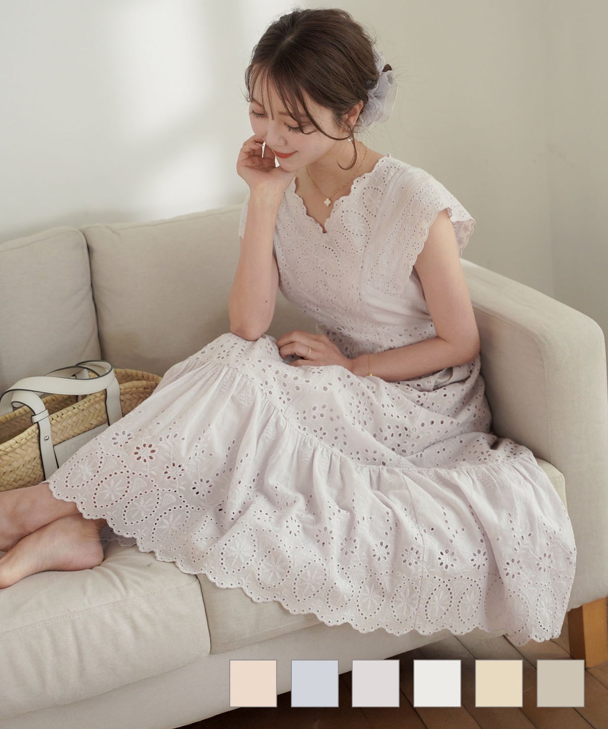 梯子レース ノースリーブ 夏 サマー お出かけ カジュアル エレガント フリル バケーション 海 プール ラベンダー ホワイト レモンクリーム グレイッシュミント ピンク サックス 旅行 推し活 コットン レース スカラップ ワンピース le reve vaniller