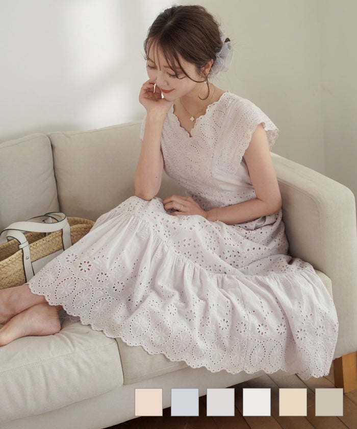 梯子レース ノースリーブ 夏 サマー お出かけ カジュアル エレガント フリル バケーション 海 プール ラベンダー ホワイト レモンクリーム グレイッシュミント ピンク サックス 旅行 推し活 コットン レース スカラップ ワンピース le reve vaniller