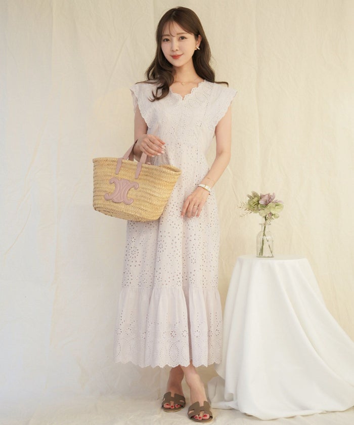 レディース/ワンピース/コットン/スカラップ/レース/梯子レース/ノースリーブ/夏/サマー/お出かけ/カジュアル/エレガント/フリル/バケーション/海/プール/ラベンダー/ホワイト/レモンクリーム/グレイッシュミント/ピンク/サックス/旅行/推し活