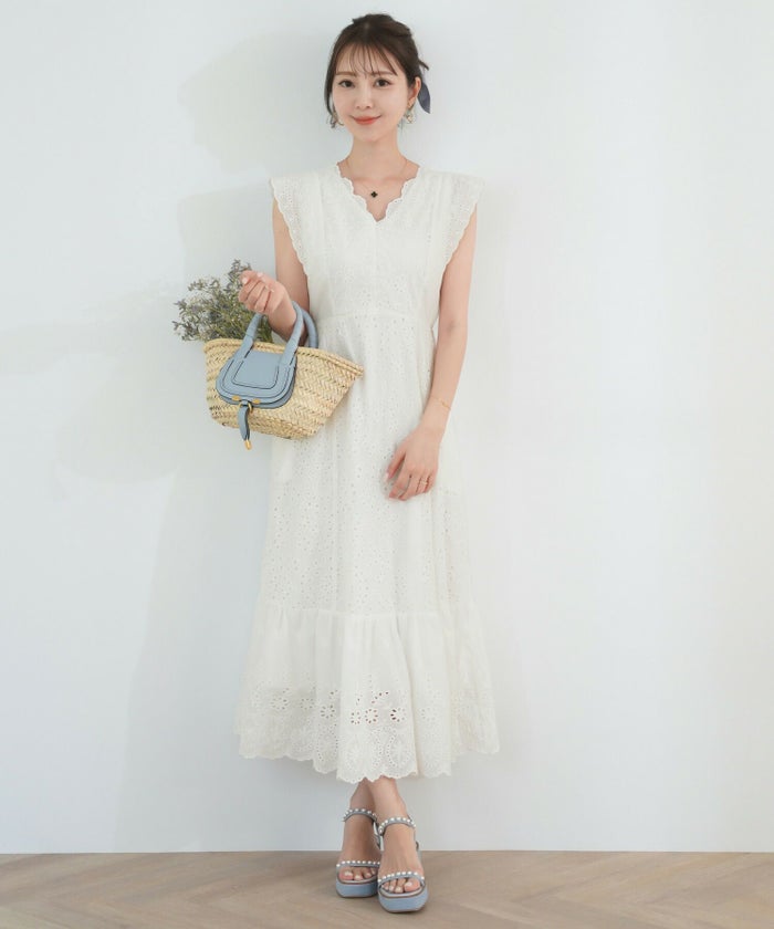 レディース/ワンピース/コットン/スカラップ/レース/梯子レース/ノースリーブ/夏/サマー/お出かけ/カジュアル/エレガント/フリル/バケーション/海/プール/ラベンダー/ホワイト/レモンクリーム/グレイッシュミント/ピンク/サックス/旅行/推し活