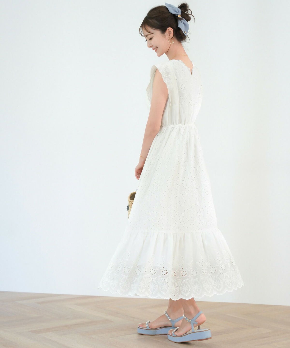 レディース/ワンピース/コットン/スカラップ/レース/梯子レース/ノースリーブ/夏/サマー/お出かけ/カジュアル/エレガント/フリル/バケーション/海/プール/ラベンダー/ホワイト/レモンクリーム/グレイッシュミント/ピンク/サックス/旅行/推し活