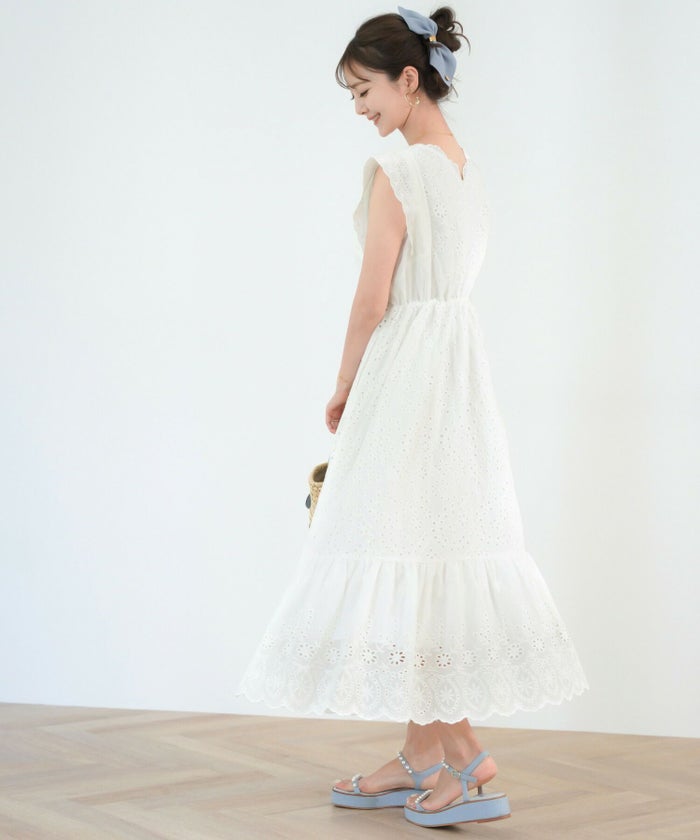 レディース/ワンピース/コットン/スカラップ/レース/梯子レース/ノースリーブ/夏/サマー/お出かけ/カジュアル/エレガント/フリル/バケーション/海/プール/ラベンダー/ホワイト/レモンクリーム/グレイッシュミント/ピンク/サックス/旅行/推し活