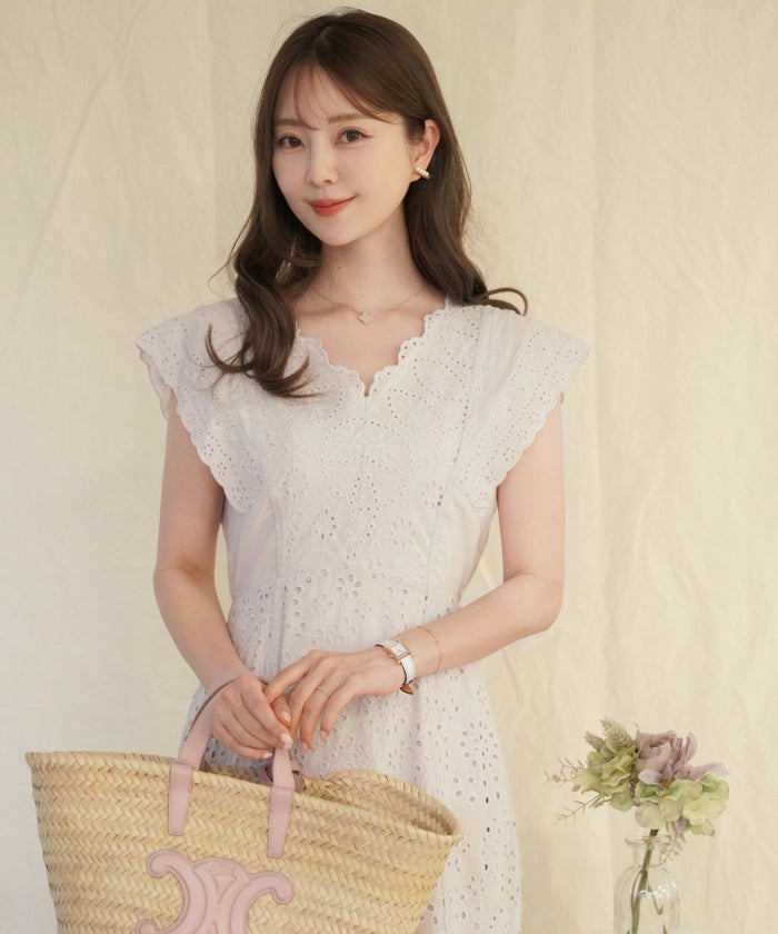 レディース/ワンピース/コットン/スカラップ/レース/梯子レース/ノースリーブ/夏/サマー/お出かけ/カジュアル/エレガント/フリル/バケーション/海/プール/ラベンダー/ホワイト/レモンクリーム/グレイッシュミント/ピンク/サックス/旅行/推し活