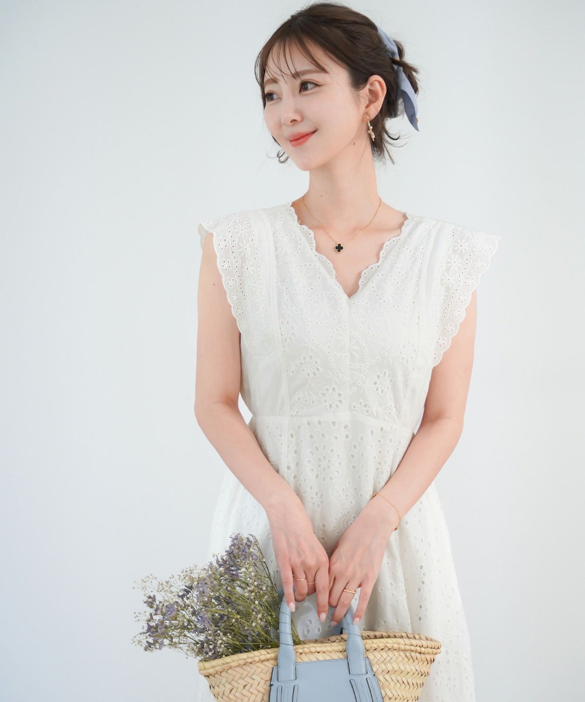 レディース/ワンピース/コットン/スカラップ/レース/梯子レース/ノースリーブ/夏/サマー/お出かけ/カジュアル/エレガント/フリル/バケーション/海/プール/ラベンダー/ホワイト/レモンクリーム/グレイッシュミント/ピンク/サックス/旅行/推し活