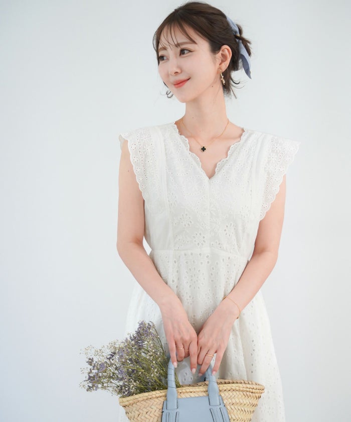 レディース/ワンピース/コットン/スカラップ/レース/梯子レース/ノースリーブ/夏/サマー/お出かけ/カジュアル/エレガント/フリル/バケーション/海/プール/ラベンダー/ホワイト/レモンクリーム/グレイッシュミント/ピンク/サックス/旅行/推し活