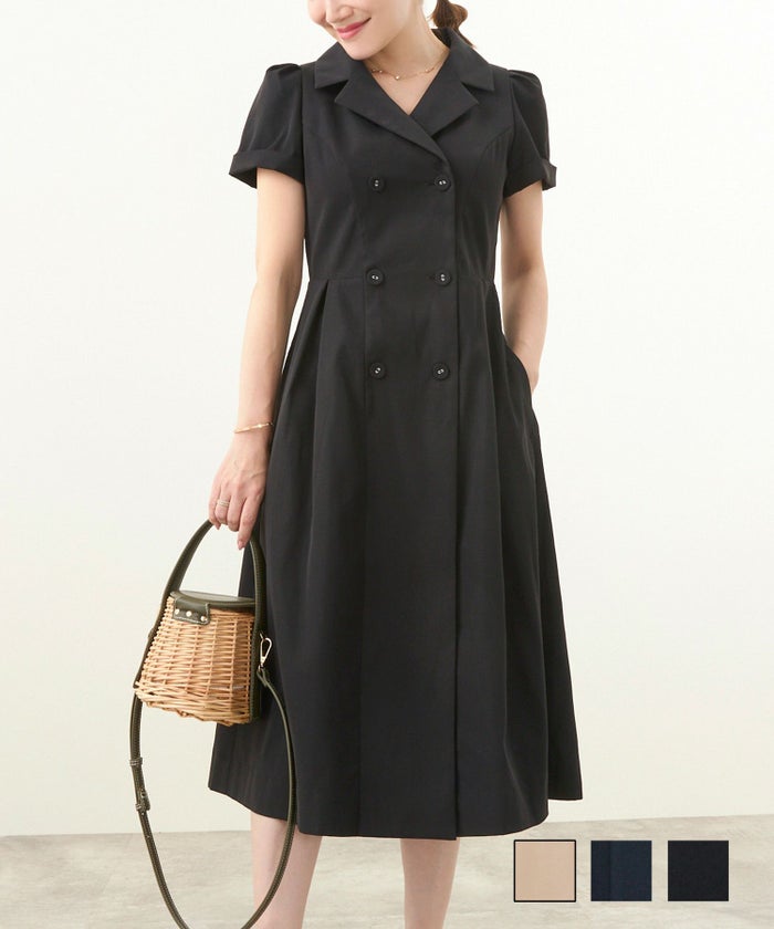 手洗い可 半袖 オケージョン テーラードカラー ダブルボタン 袖山タック ロールアップ きれいめ エレガント くるみ釦 S M L テーラー襟 ダブル釦 ワンピース Liala×PG