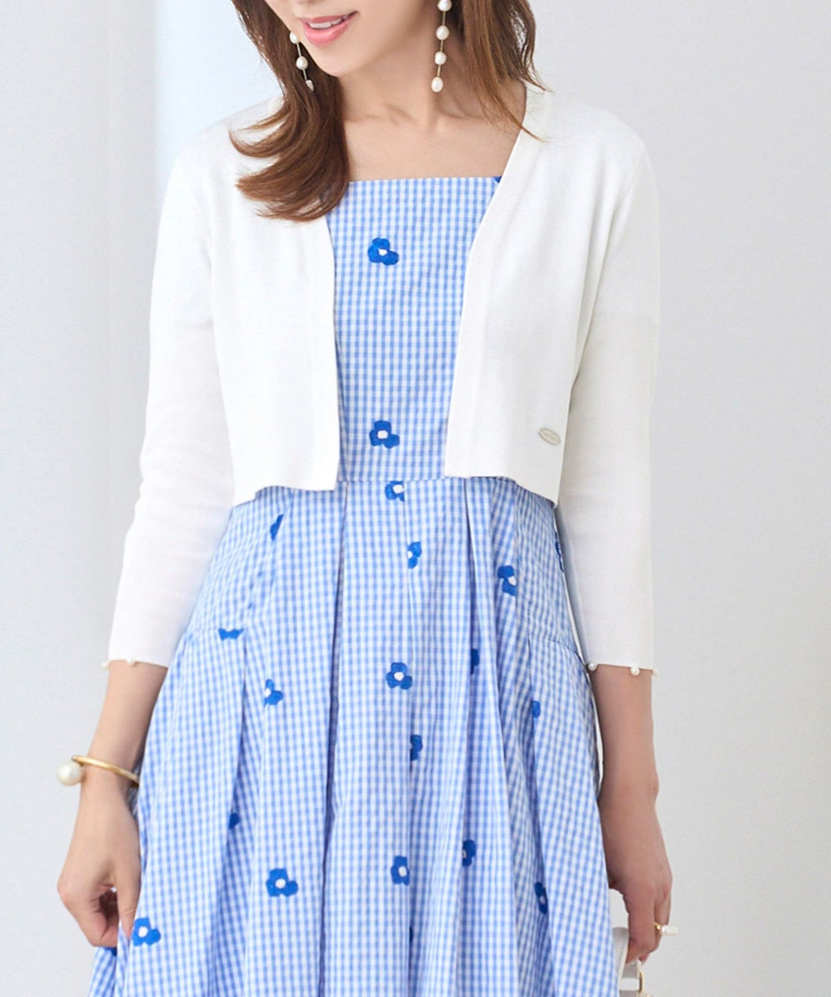 トップス/ボレロ/ニット/パール/7分袖/オープンフロント/サマーニット/ホワイト/白/ラベンダー/紫/ブラック/黒/S/M/春/夏/秋/可愛い/かわいい/華やか/大人/上品/