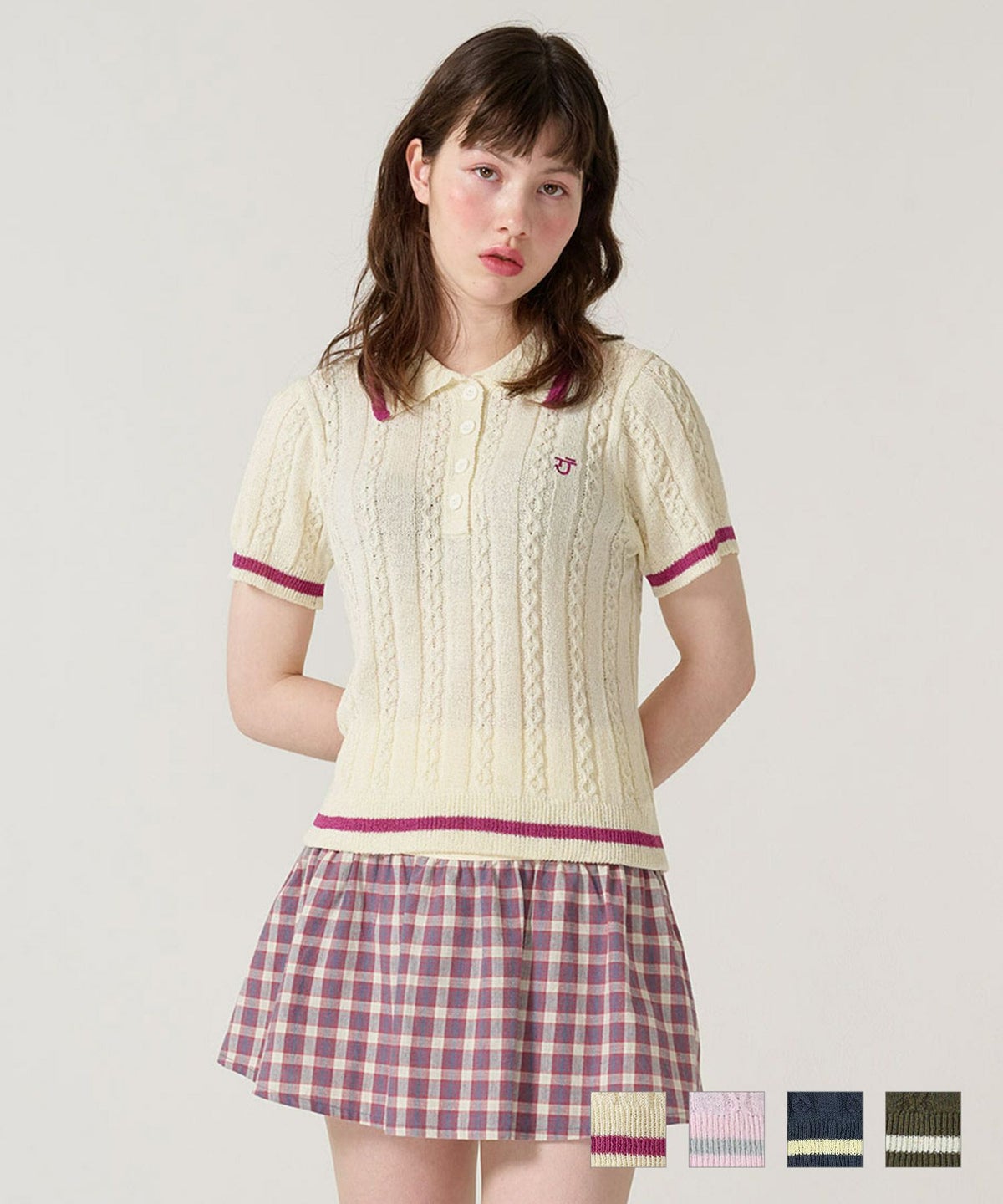 トップス/サマー/ポロニット/ピンク/カーキ