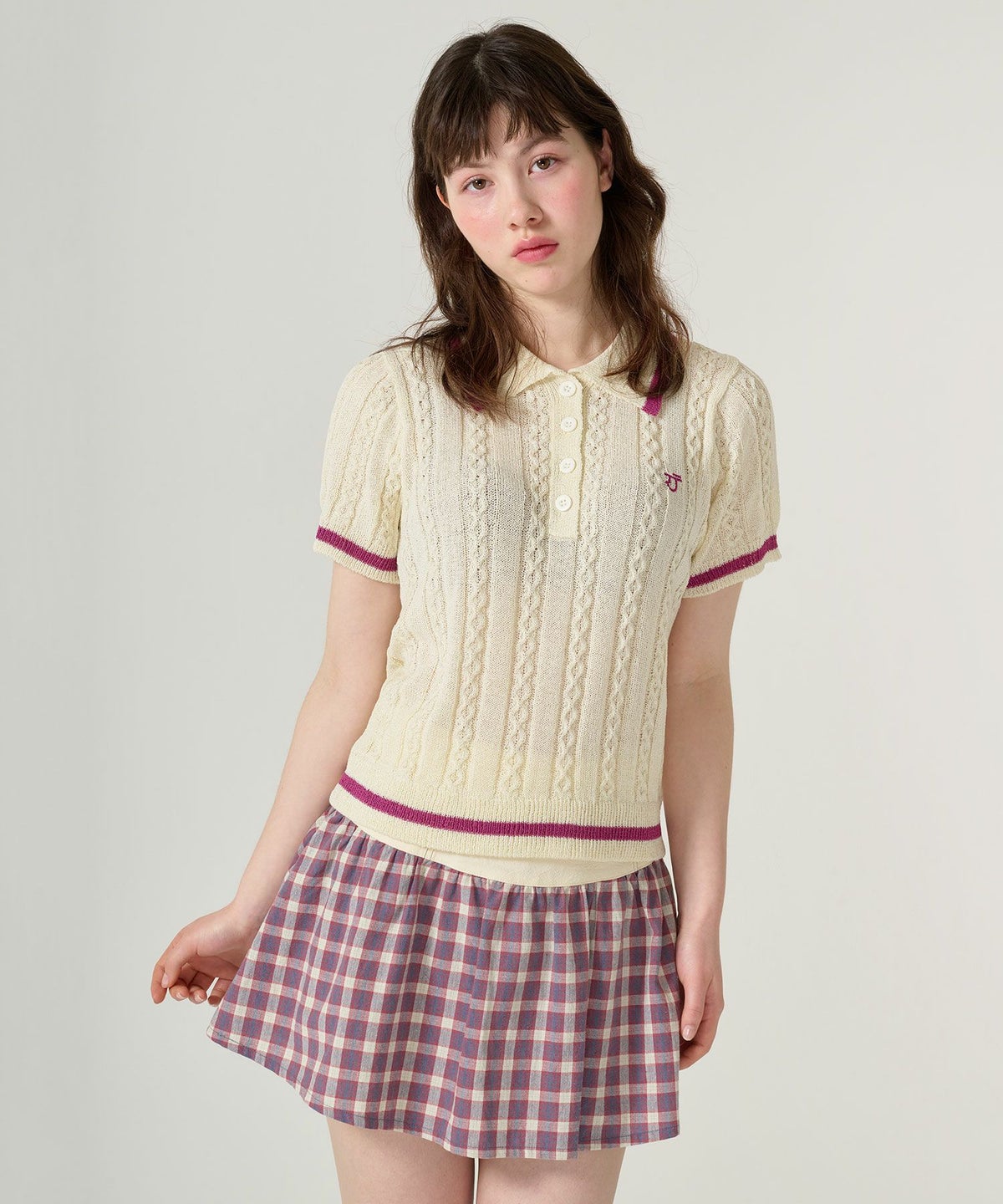 トップス/サマー/ポロニット/ピンク/カーキ