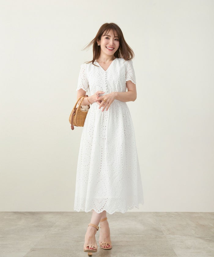 手洗い可/フィット＆フレア/Vネック/レース/カットワークレース/半袖/ミモレ丈/ナチュラル/大人フェミニン