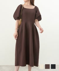 手洗い可 日本製 スクエア フレア ふんわり ミモレ丈 パフ袖 大人可愛い 上品 きれいめ シンプル リラックス 美ライン ホールガーメント スクエアネック ニット ワンピース Liala×PG