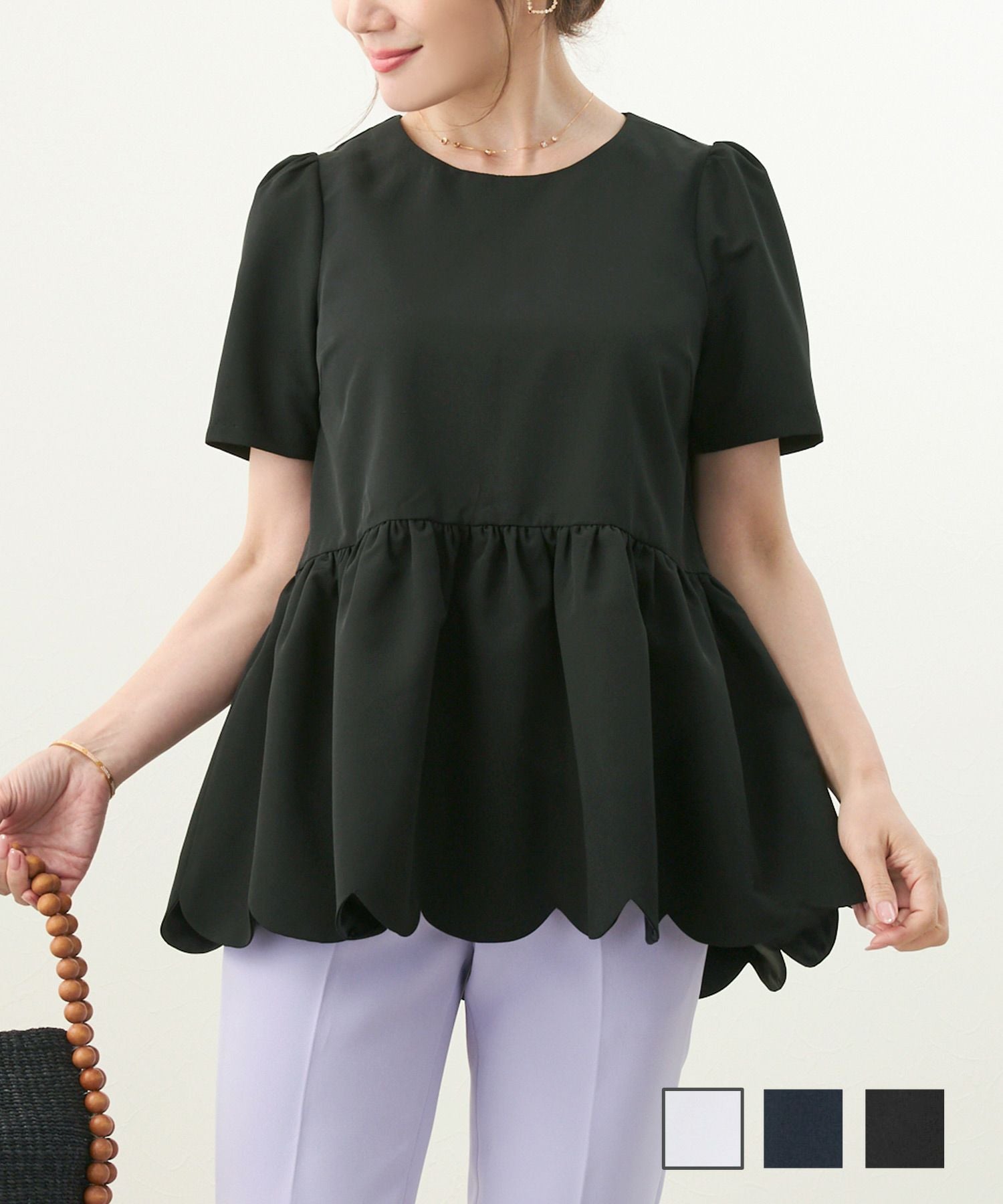 スカラップ ペプラム Uネック ブラウス Liala×PG 全3色｜lpg821-1716