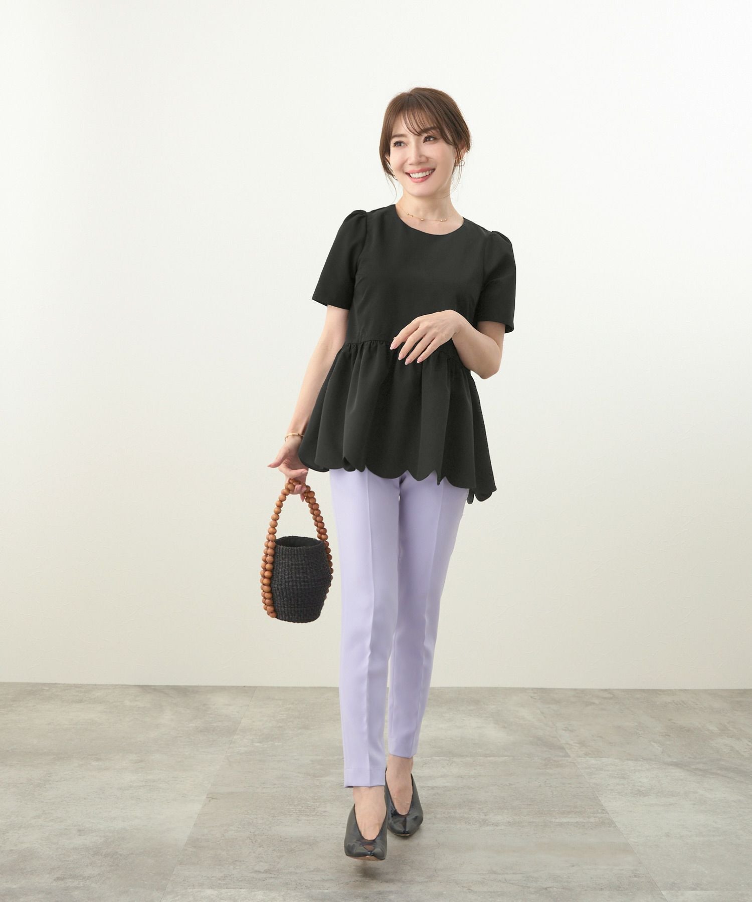 twill ラウンドペプラムボリュームブラウス ペプラムボリュームスリーブブラウス／長袖／ウォッシャブル