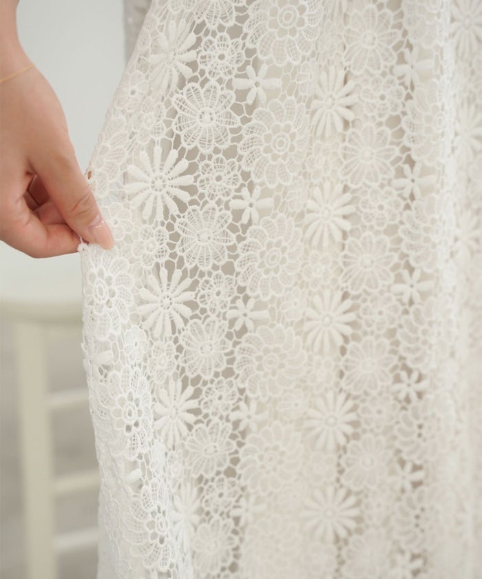 レースワンピース/ウエストタック/ホワイト/サックス/ネイビー/S/M/