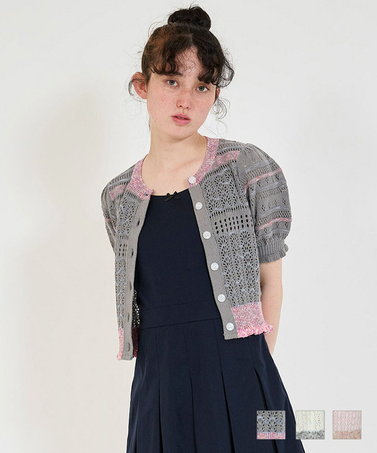 パフスリーブ 透かし編みカーディガン TINA：JOJUN 全3色｜tnj421-0649