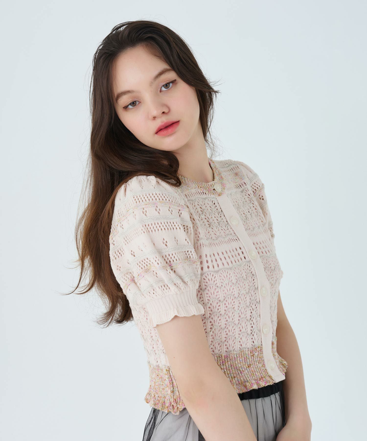 goa 麻混 ロングカーディガン 透かし編み フリンジ ベージュ F axes femme（アクシーズファム）の「透かし編みふわふわニット
