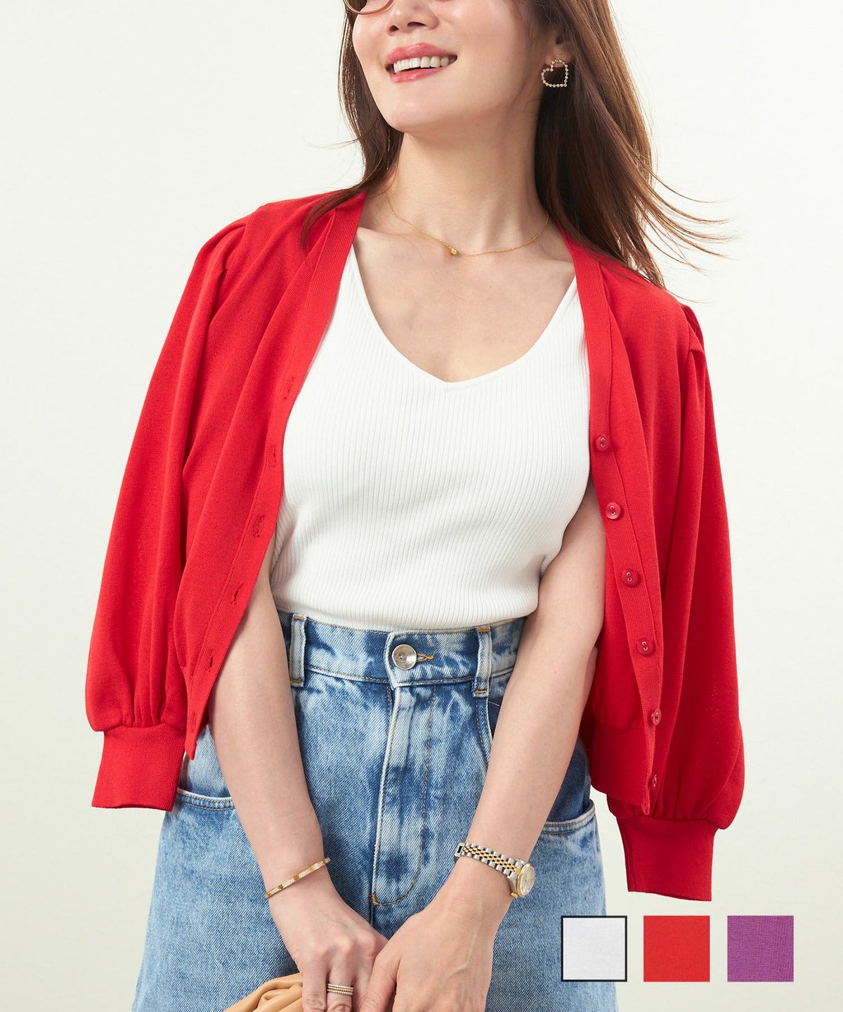 手洗い可 日本製 トップス 羽織 日焼け対策 パフスリーブ Vネック 冷房対策 春 夏 秋口 袖タック Vネック ニット カーディガン Liala×PG