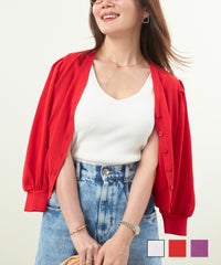 手洗い可 日本製 トップス 羽織 日焼け対策 パフスリーブ Vネック 冷房対策 春 夏 秋口 袖タック Vネック ニット カーディガン Liala×PG