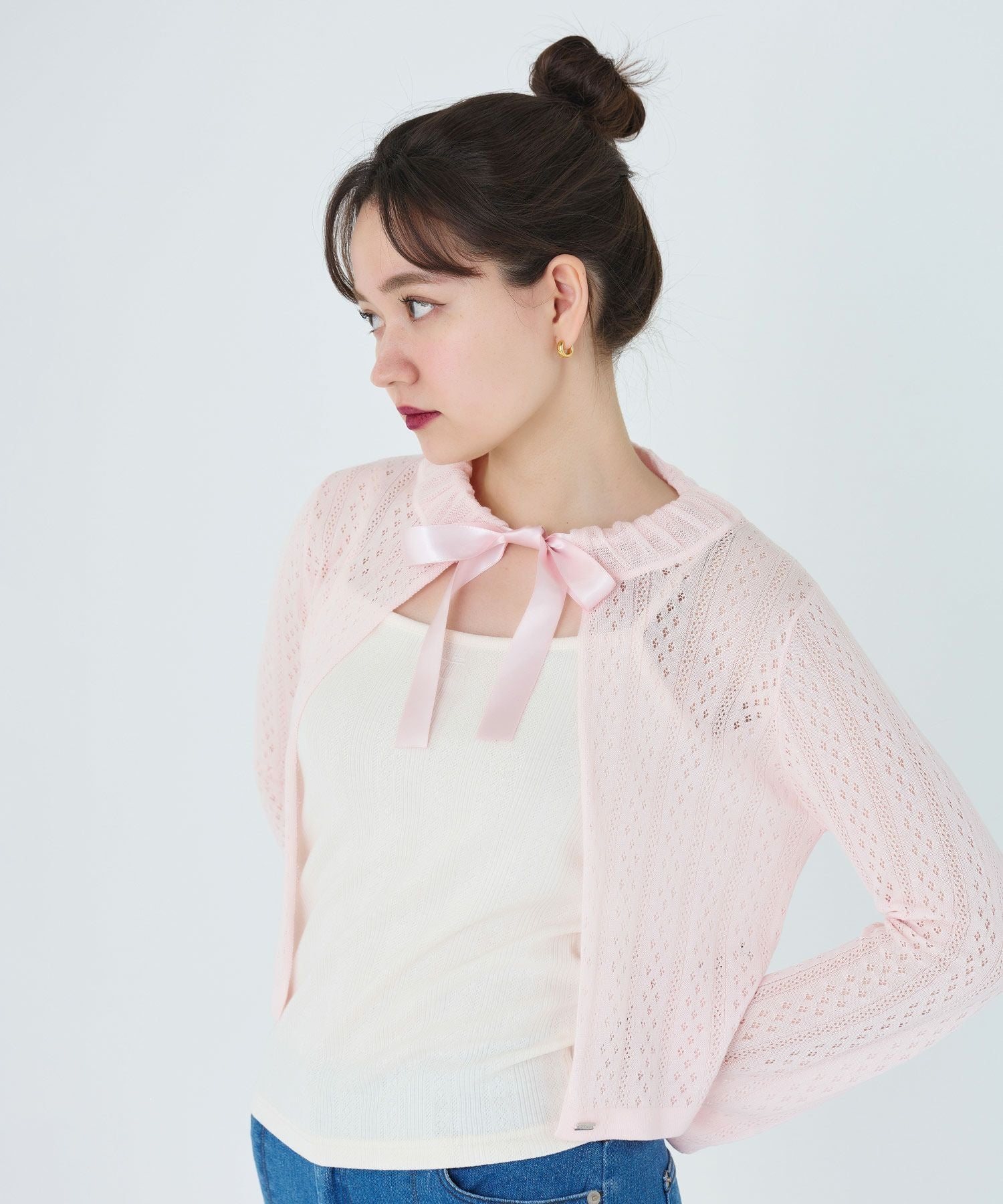tina jojun サテンリボン 透かし編みカーディガン サテンリボン 透かし編みカーディガン TINA：JOJUN 全2色｜tnj421-0650