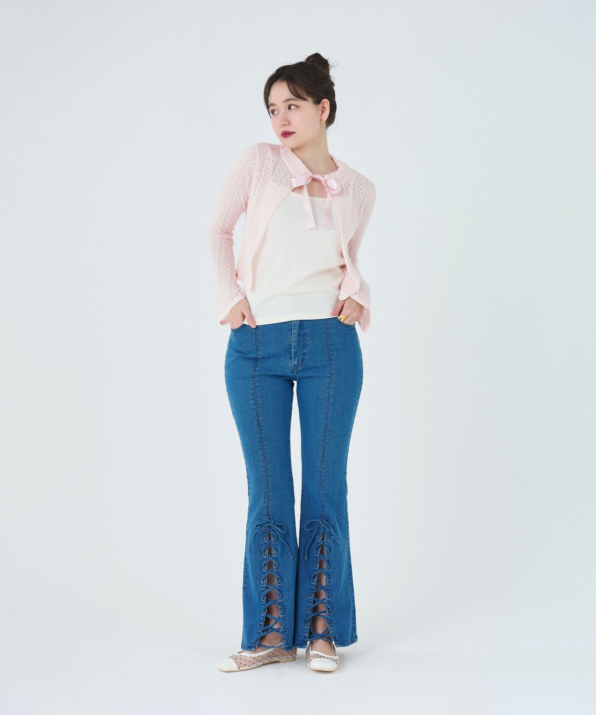 トップス/カーディガン/透かし編み/サテンリボン