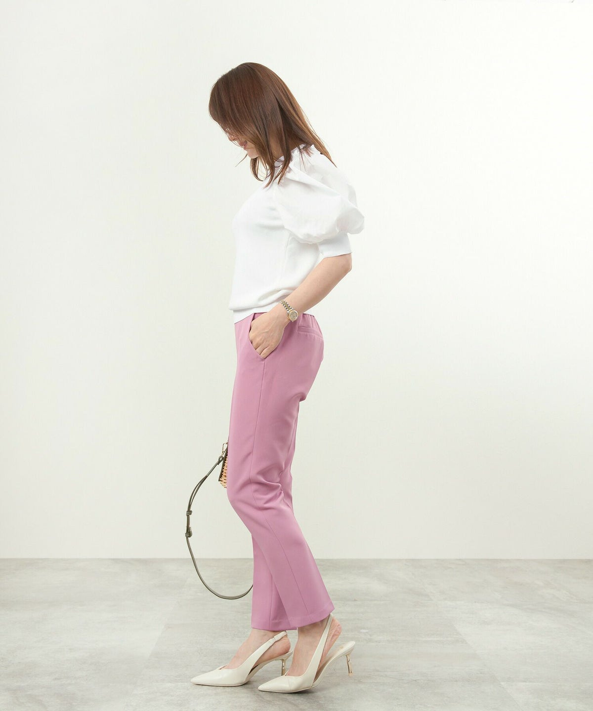 手洗い可/プルオーバー/異素材切り替え/袖口リブ/ラウンドネック/セットアップ対応/タフタ/上品/大人可愛い/5分袖/フリル