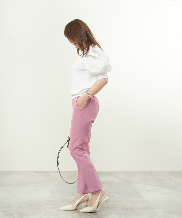 手洗い可/プルオーバー/異素材切り替え/袖口リブ/ラウンドネック/セットアップ対応/タフタ/上品/大人可愛い/5分袖/フリル