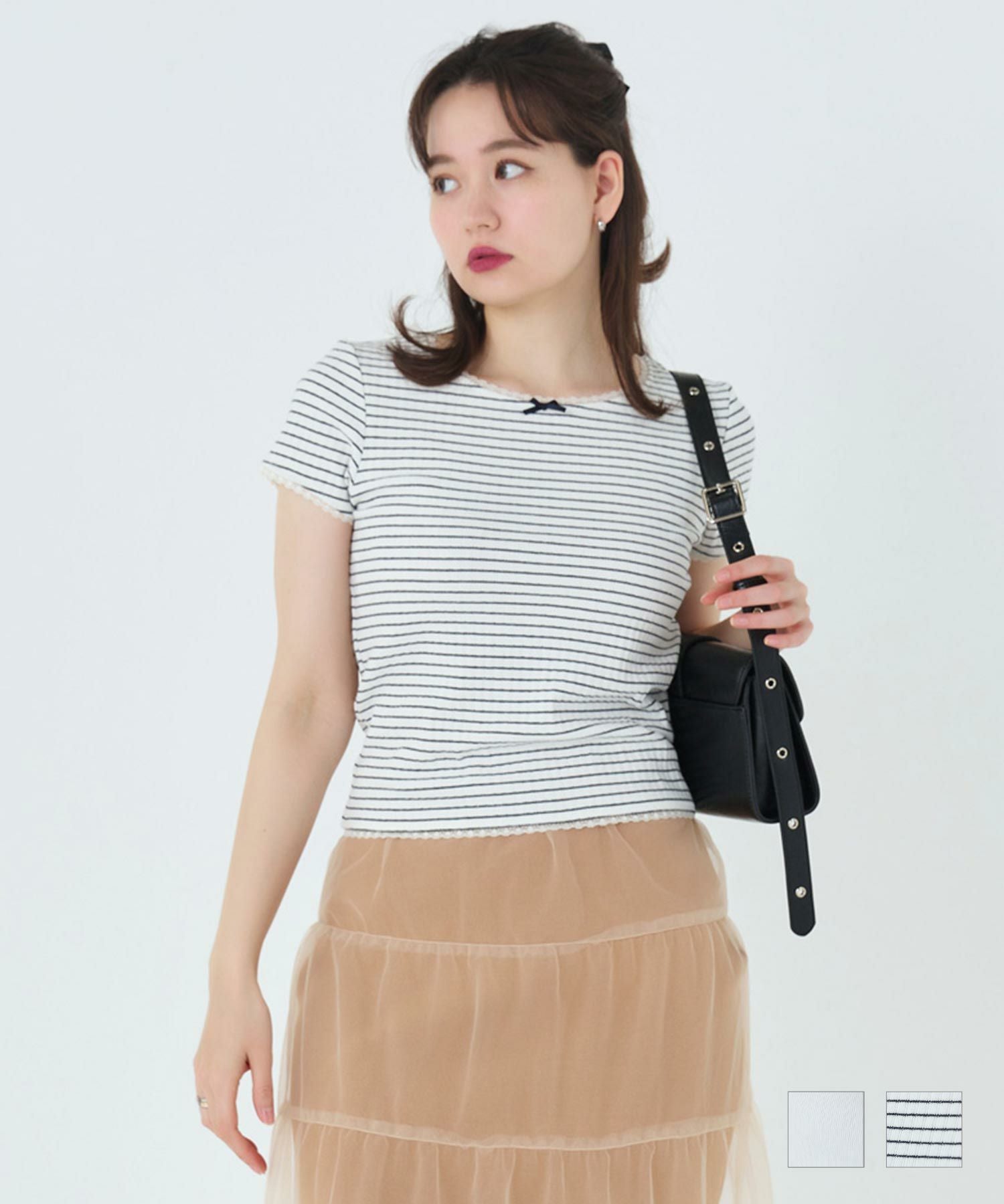 レース付き 半袖リブカットソー TINA：JOJUN 全2色｜tnj521-0645【2